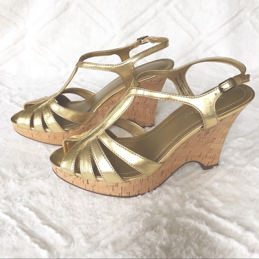 Gold Cork Wedge Platform Sandals - Sz. 7.5M